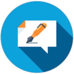 Image of a blue cirlce with a pen writing on paper